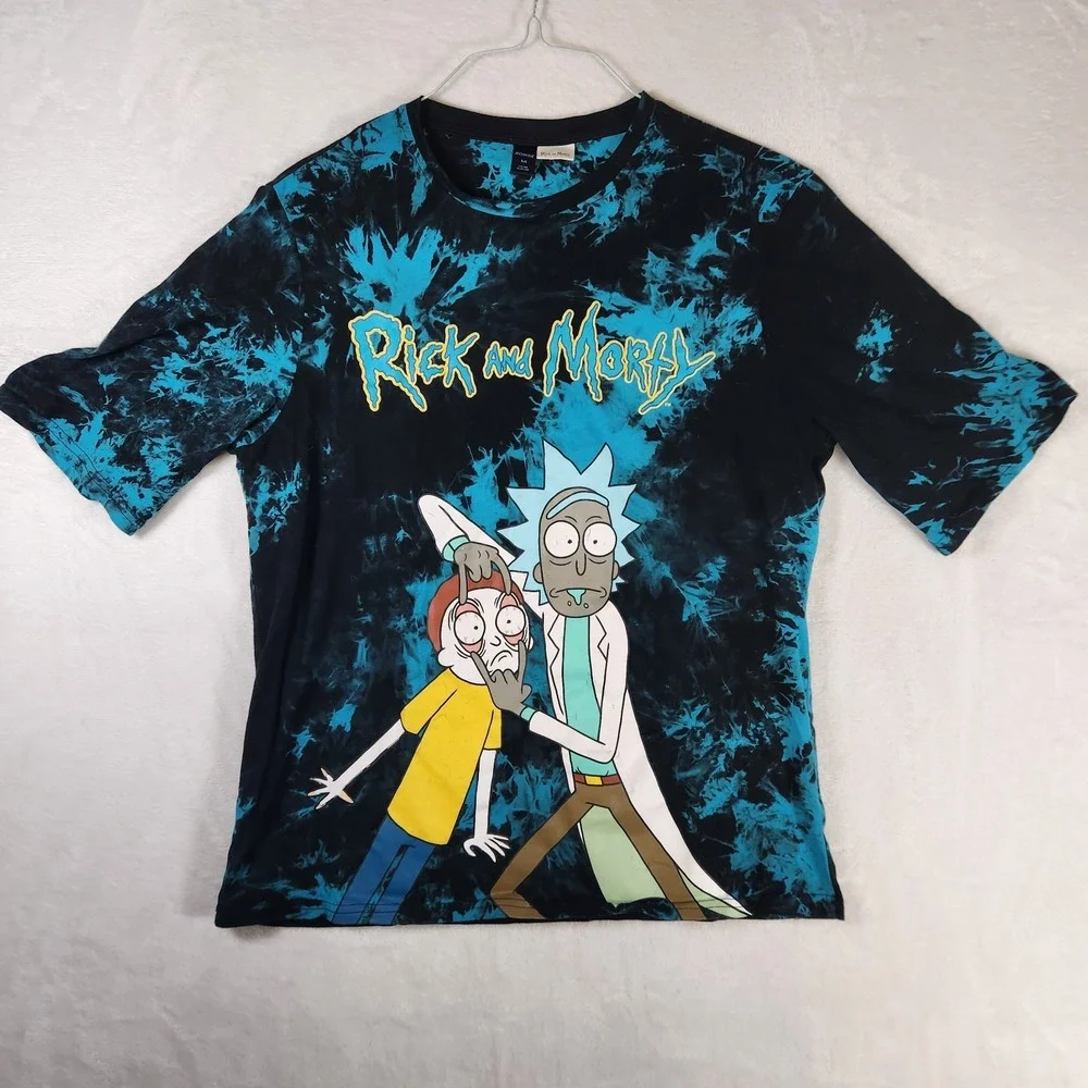 Rick & Morty Tie Dye T-Shirt Blue Black Graphic Tee Adult M